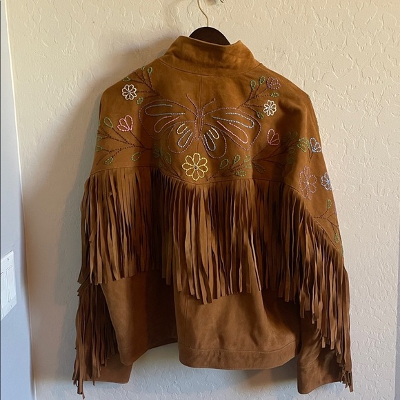 Free People Willa Western Bomber Tan Leather Jacket with Fringe Embroidery - Picture 7 of 11